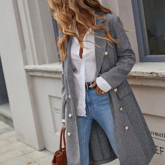 Grey Elegant Women's Double-Breasted Long Sleeve Coat - Picture 4 of 6